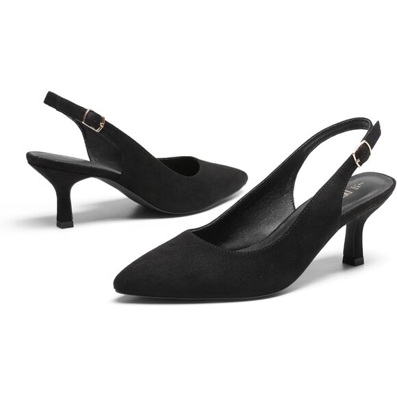 Dream Pairs Women Black-suede Faux Suede Pointed Toe Slingback Low Kitten Heels - Picture 3 of 7